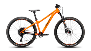 The Timber 26 youth mountain bike fro Trailcraft Cycles featured in bright orange with 152mm aluminum spindle direct mount cranks.